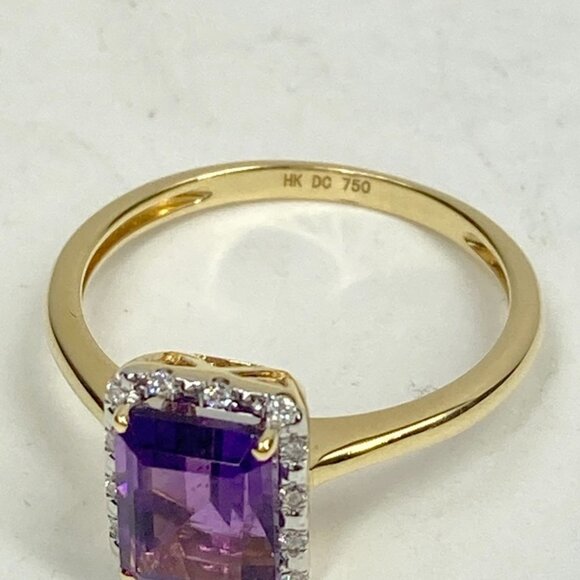18K Solid Yellow Gold Amethyst with Diamond Halo Ring Size 6.75 - Picture 6 of 8